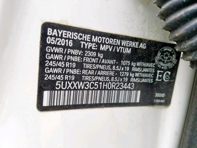 5UXXW3C51H0R23443 - 2017 BMW X4 XDRIVE2 WHITE photo 10