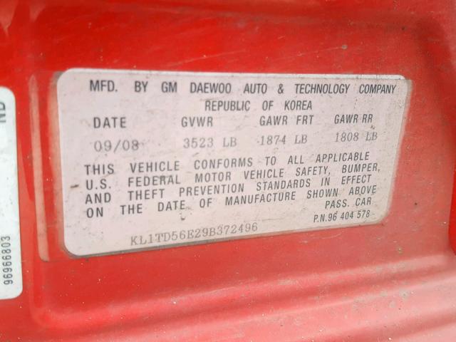 KL1TD56E29B372496 - 2009 CHEVROLET AVEO LS RED photo 10