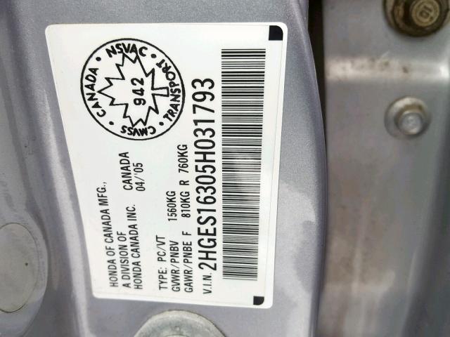 2HGES16305H031793 - 2005 HONDA CIVIC DX V SILVER photo 10