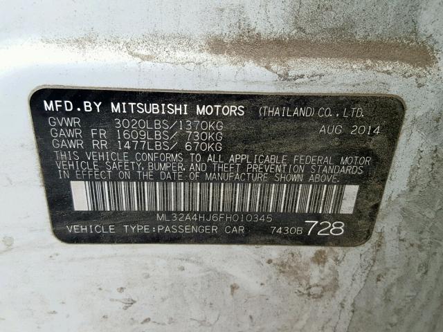 ML32A4HJ6FH010345 - 2015 MITSUBISHI MIRAGE ES WHITE photo 10