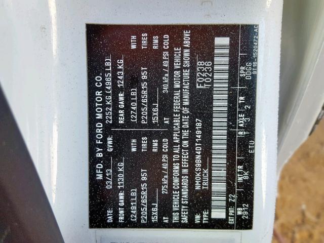 NM0KS9BN4DT149187 - 2013 FORD TRANSIT CO WHITE photo 10