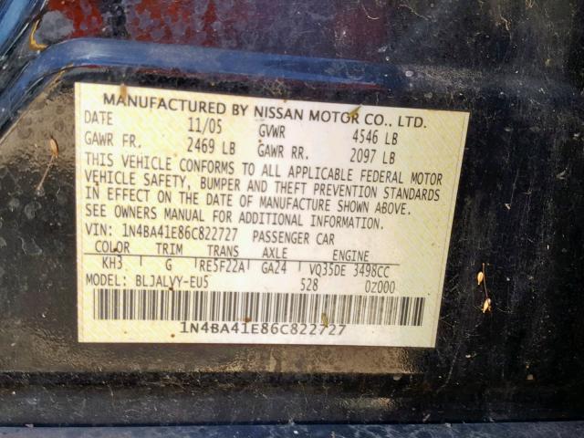 1N4BA41E86C822727 - 2006 NISSAN MAXIMA SE BLACK photo 10