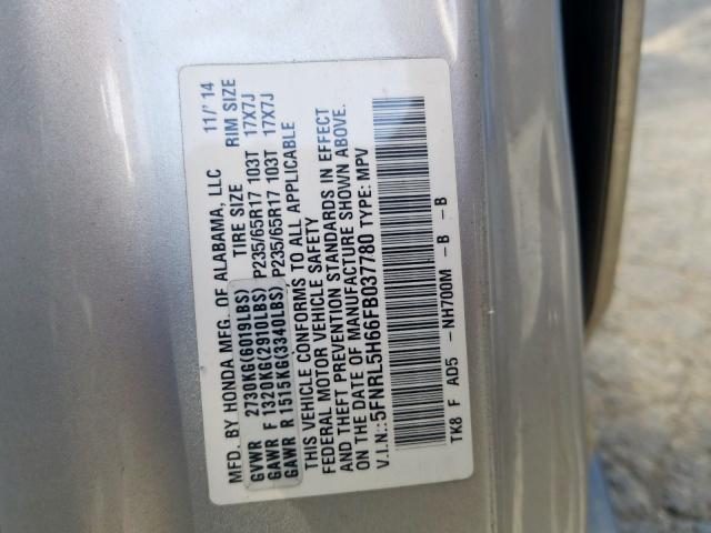 5FNRL5H66FB037780 - 2015 HONDA ODYSSEY EX SILVER photo 10