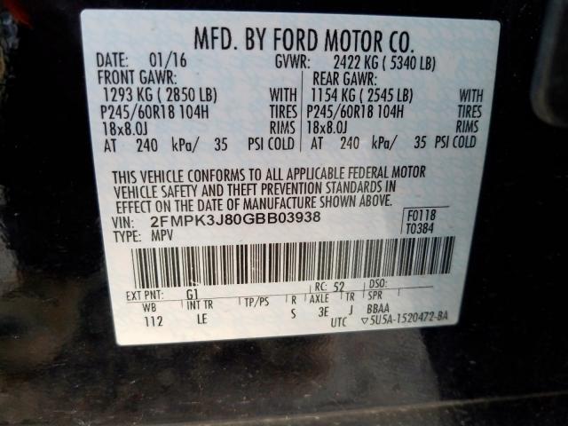 2FMPK3J80GBB03938 - 2016 FORD EDGE SEL BLACK photo 10