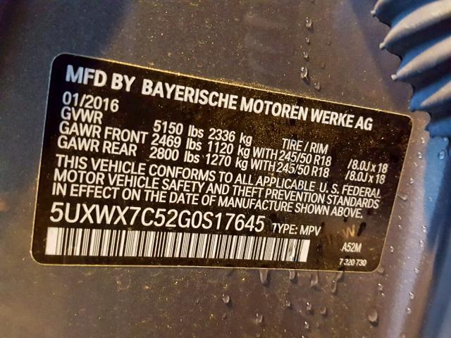 5UXWX7C52G0S17645 - 2016 BMW X3 XDRIVE3 GRAY photo 10