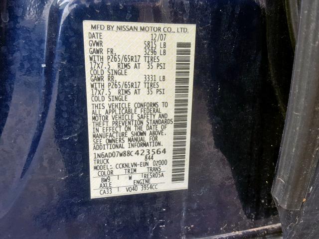 1N6AD07W88C423564 - 2008 NISSAN FRONTIER C BLUE photo 10