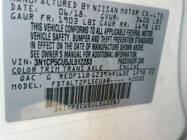 3N1CP5CU5JL512283 - 2018 NISSAN KICKS S WHITE photo 10