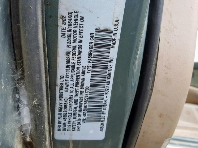 4S3BH675827651733 - 2002 SUBARU LEGACY OUT TEAL photo 10