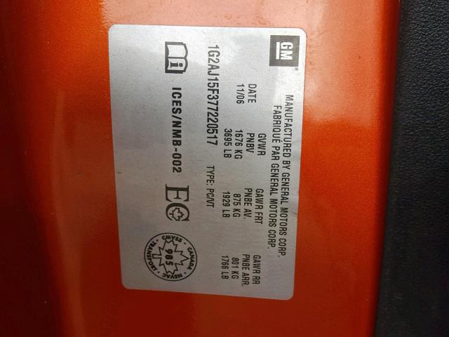 1G2AJ15F377220517 - 2007 PONTIAC G5 ORANGE photo 10