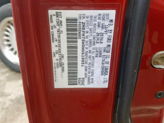 2MEFM75W0WX610851 - 1998 MERCURY GRAND MARQ RED photo 10