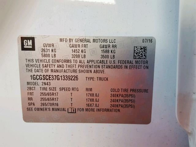 1GCGSCE37G1339226 - 2016 CHEVROLET COLORADO L WHITE photo 10