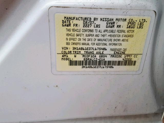 3N1AB61E07L675486 - 2007 NISSAN SENTRA 2.0 WHITE photo 10