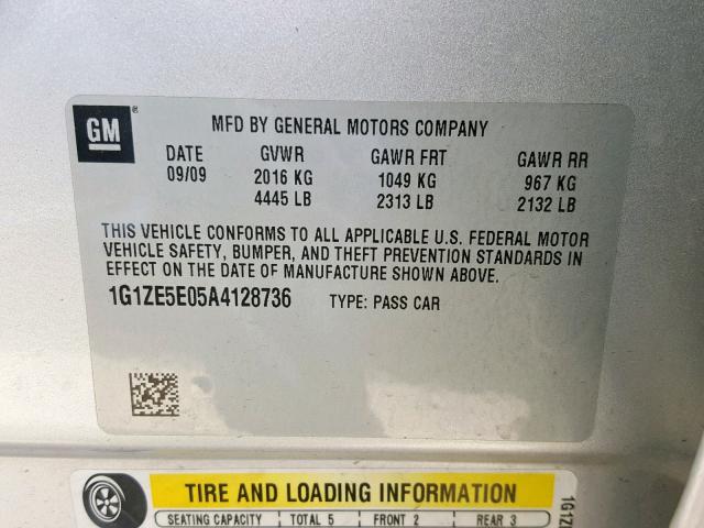 1G1ZE5E05A4128736 - 2010 CHEVROLET MALIBU LTZ 银色 照片 10