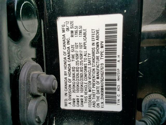 2HKRM4H76CH627619 - 2012 HONDA CR-V EXL BLACK photo 10