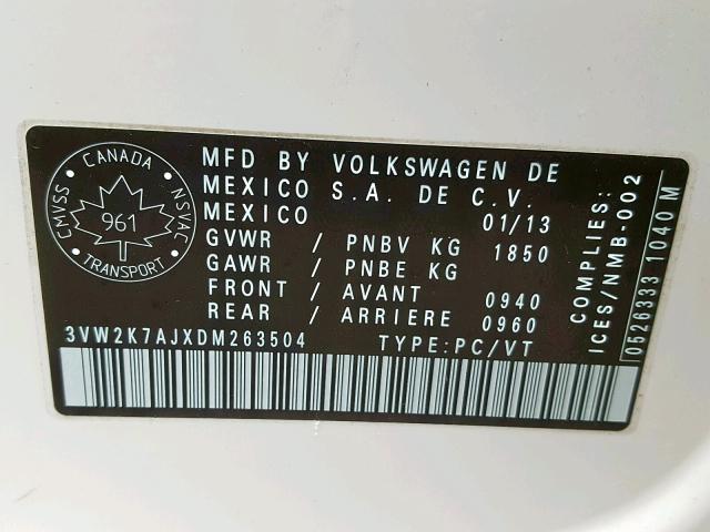 3VW2K7AJXDM263504 - 2013 VOLKSWAGEN JETTA BASE WHITE photo 10