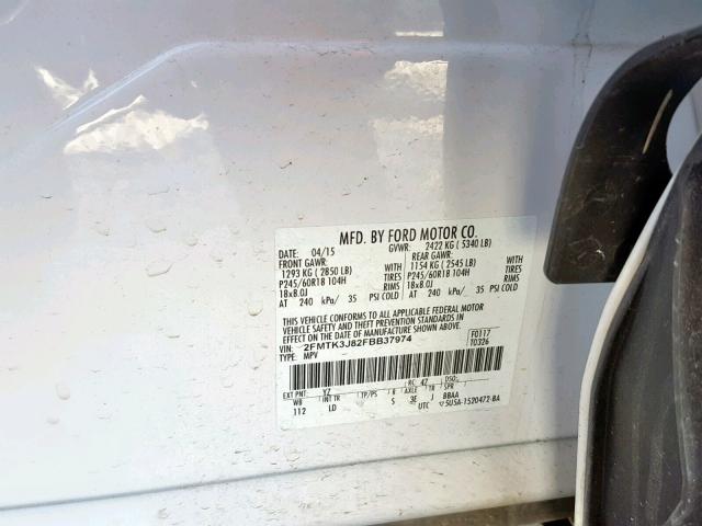 2FMTK3J82FBB37974 - 2015 FORD EDGE SEL WHITE photo 10