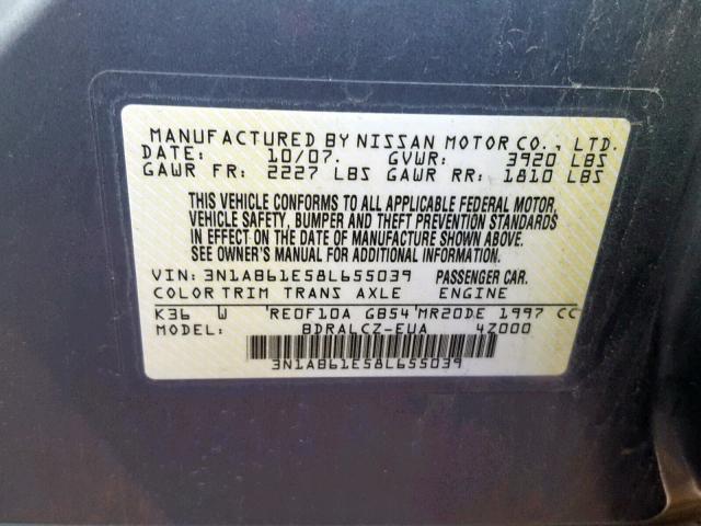 3N1AB61E58L655039 - 2008 NISSAN SENTRA 2.0 SILVER photo 10