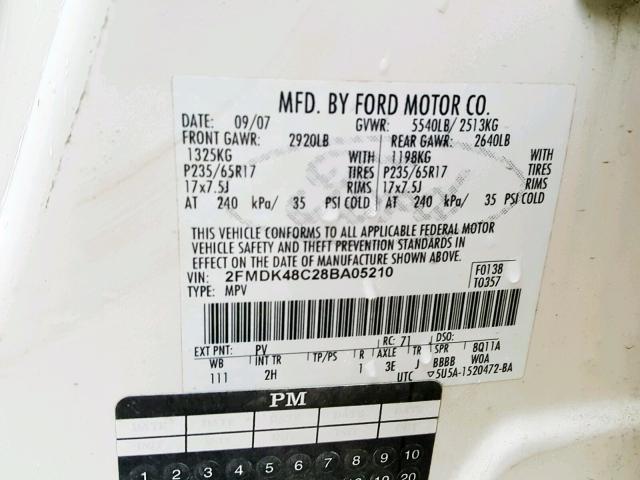 2FMDK48C28BA05210 - 2008 FORD EDGE SEL WHITE photo 10