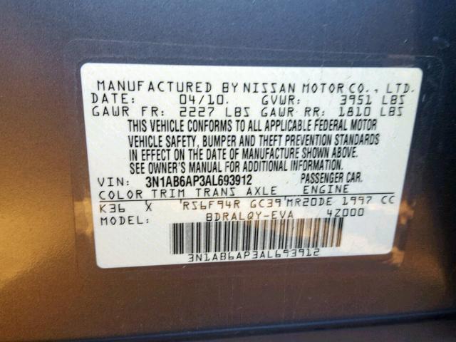 3N1AB6AP3AL693912 - 2010 NISSAN SENTRA 2.0 GRAY photo 10