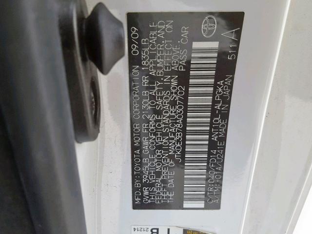 JTKDE3B78A0307702 - 2010 TOYOTA SCION TC 白色 照片 10