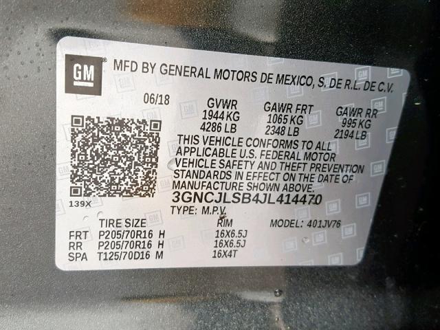 3GNCJLSB4JL414470 - 2018 CHEVROLET TRAX 1LT GRAY photo 10