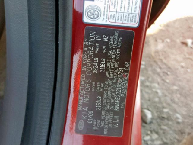 KNAFE222195660731 - 2009 KIA SPECTRA EX RED photo 10