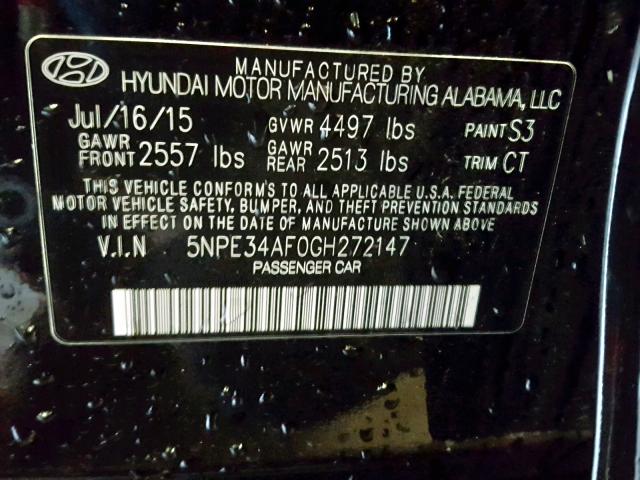 5NPE34AF0GH272147 - 2016 HYUNDAI SONATA SPO BLACK photo 10