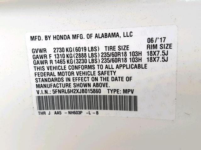 5FNRL6H2XJB015860 - 2018 HONDA ODYSSEY LX WHITE photo 10