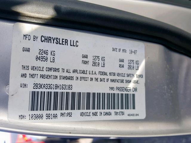 2B3KA33G18H163183 - 2008 DODGE CHARGER SX SILVER photo 10