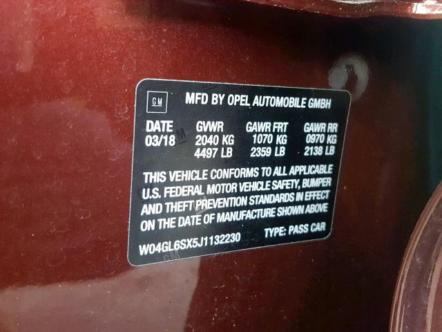 W04GL6SX5J1132230 - 2018 BUICK REGAL PREF RED photo 10