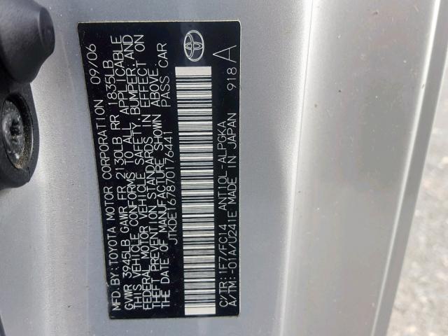 JTKDE167870176441 - 2007 TOYOTA SCION TC 银色 照片 10