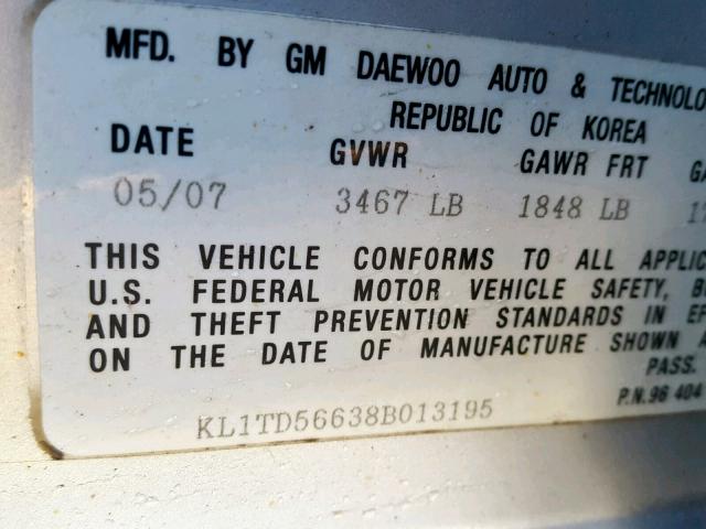 KL1TD56638B013195 - 2008 CHEVROLET AVEO BASE Gümüş foto 10