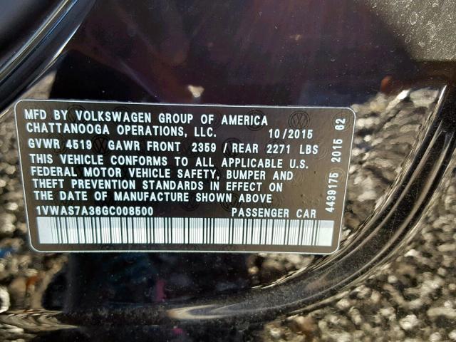 1VWAS7A36GC008500 - 2016 VOLKSWAGEN PASSAT S BLACK photo 10