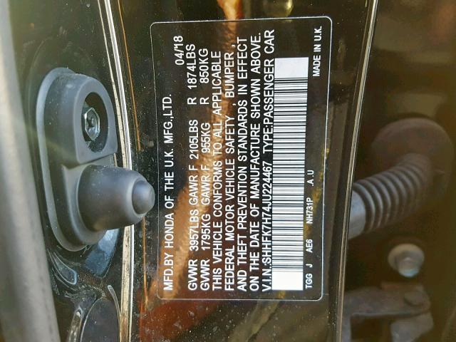 SHHFK7H74JU224467 - 2018 HONDA CIVIC EXL BLACK photo 10