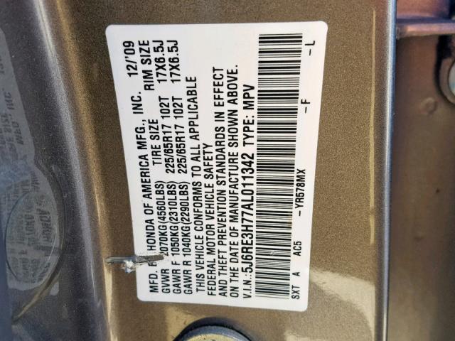 5J6RE3H77AL011342 - 2010 HONDA CR-V EXL GRAY photo 10