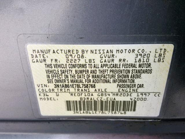 3N1AB61E78L758768 - 2008 NISSAN SENTRA 2.0 GRAY photo 10