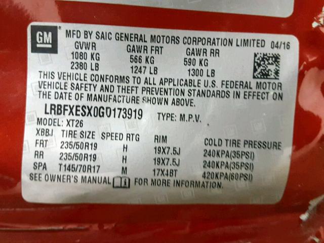 LRBFXESX0GD173919 - 2016 BUICK ENVISION P RED photo 10