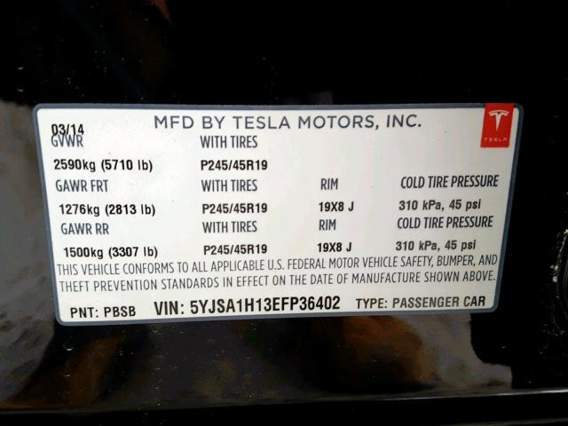 5YJSA1H13EFP36402 - 2014 TESLA MODEL S BLACK photo 10