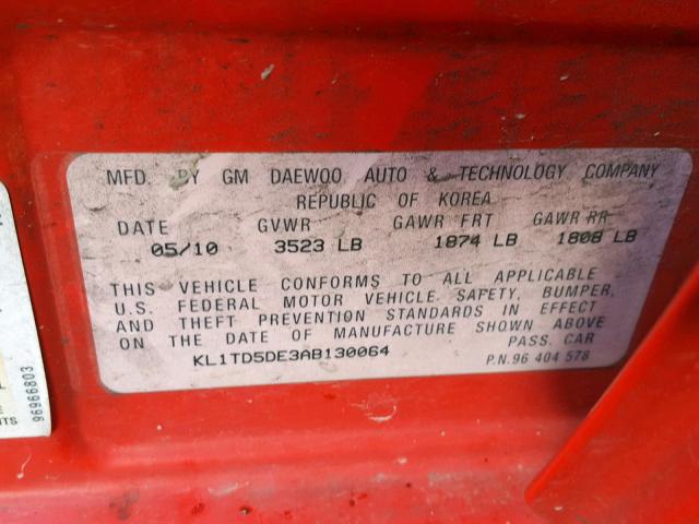 KL1TD5DE3AB130064 - 2010 CHEVROLET AVEO LS RED photo 10