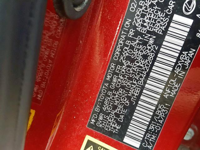 JTHBB1BA4A2028872 - 2010 LEXUS HS 250H RED photo 10