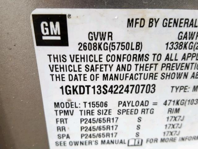 1GKDT13S422470703 - 2002 GMC ENVOY TAN photo 10