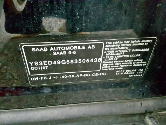 YS3ED49G583505438 - 2008 SAAB 9-5 2.3T BLACK photo 10