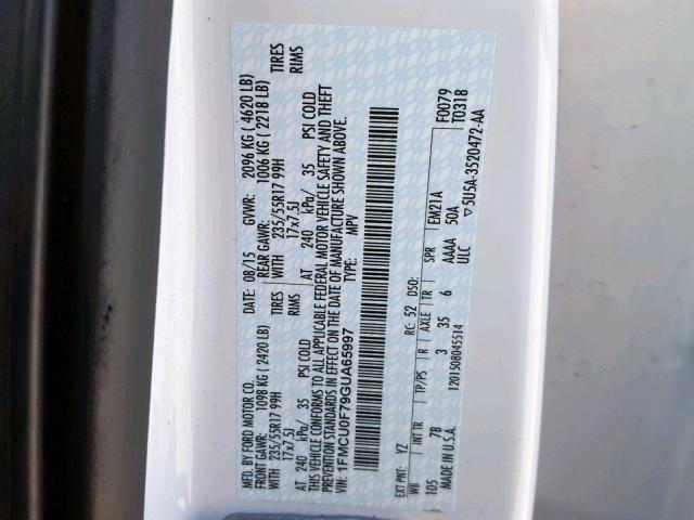 1FMCU0F79GUA65997 - 2016 FORD ESCAPE S WHITE photo 10