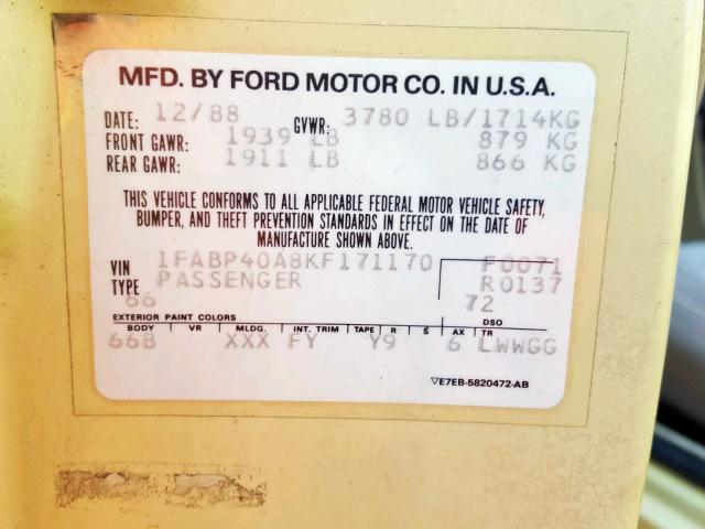 1FABP40A8KF171170 - 1989 FORD MUSTANG LX YELLOW photo 10