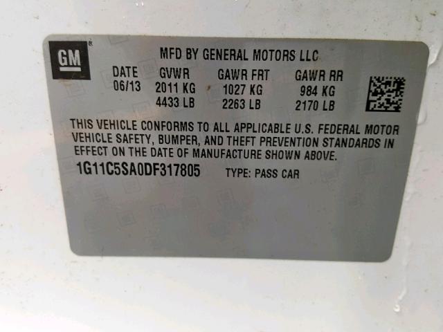 1G11C5SA0DF317805 - 2013 CHEVROLET MALIBU 1LT WHITE photo 10