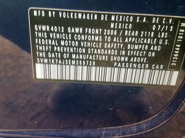 3VW1K7AJ3EM359729 - 2014 VOLKSWAGEN JETTA BASE 蓝色 照片 10