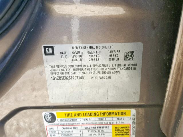 1G1ZB5E02CF207149 - 2012 CHEVROLET MALIBU LS GRAY photo 10