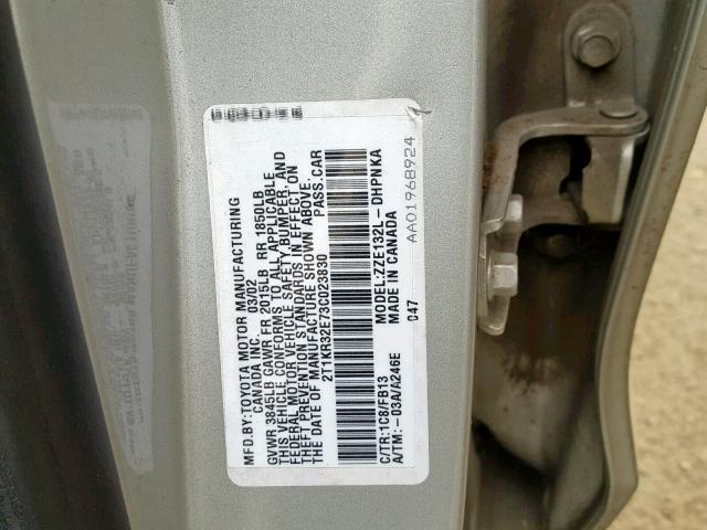 2T1KR32E73C023830 - 2003 TOYOTA COROLLA MA SILVER photo 10