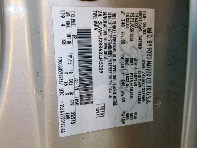 5LMFU28R63LJ45309 - 2003 LINCOLN NAVIGATOR 银色 照片 10