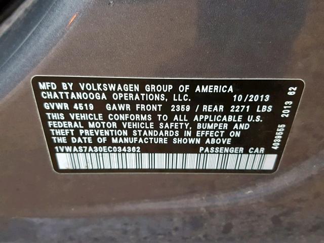 1VWAS7A30EC034362 - 2014 VOLKSWAGEN PASSAT S GRAY photo 10